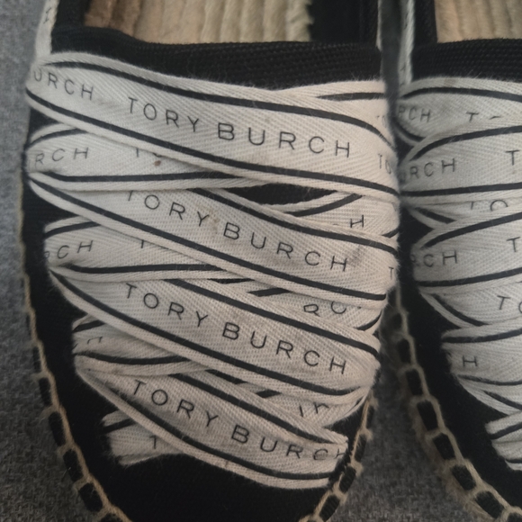 Tory Burch Black Espadrille Flats with Branded Ribbon Used 5 1/2 - Picture 2 of 8